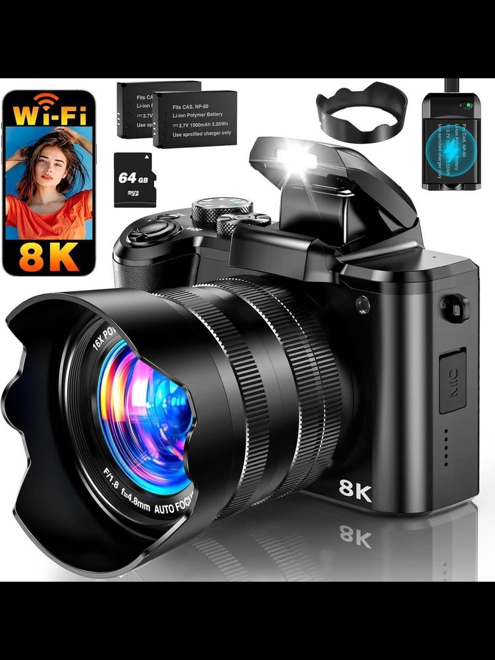 8K Wi‑Fi Digital Camera with 16x Zoom Lens - Black